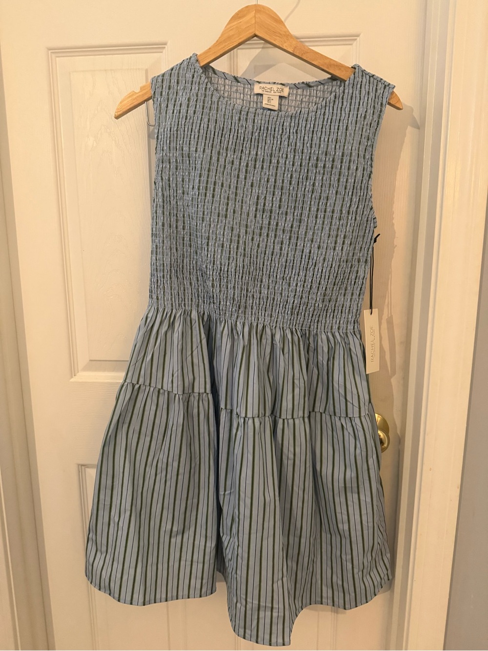 Rachel Zoe Blue & Green Striped Smocked Tiered Dress